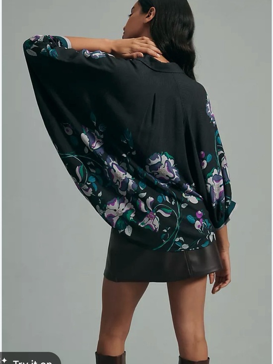 Anthropologie Tops - Anthropologie Black Floral Dolman Blouse with Purple & Teal Accents